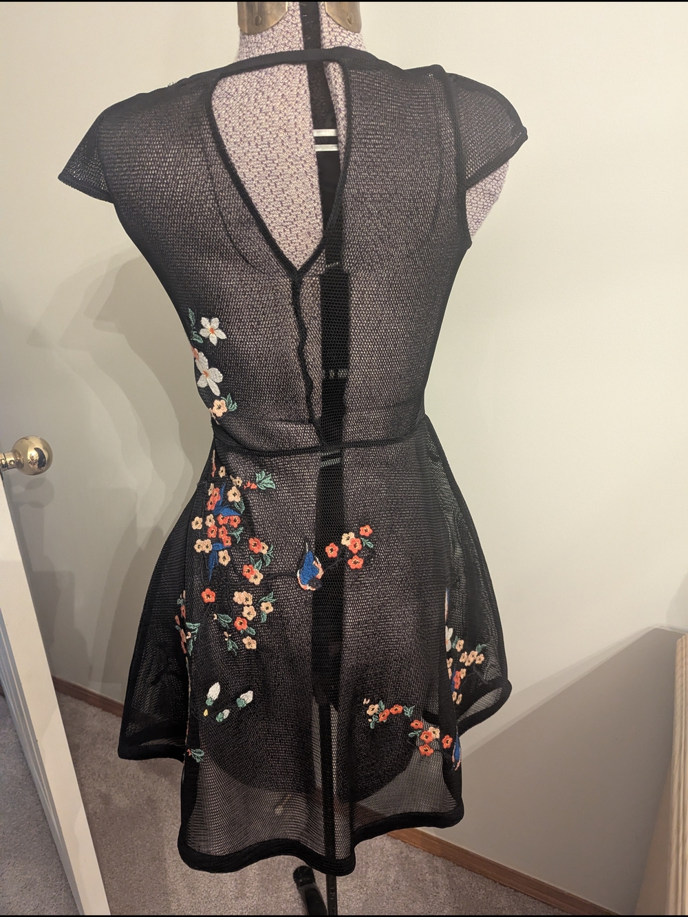 Guess Black Mesh Mini Dress with White and Orange Floral Embroidery - Picture 3 of 3